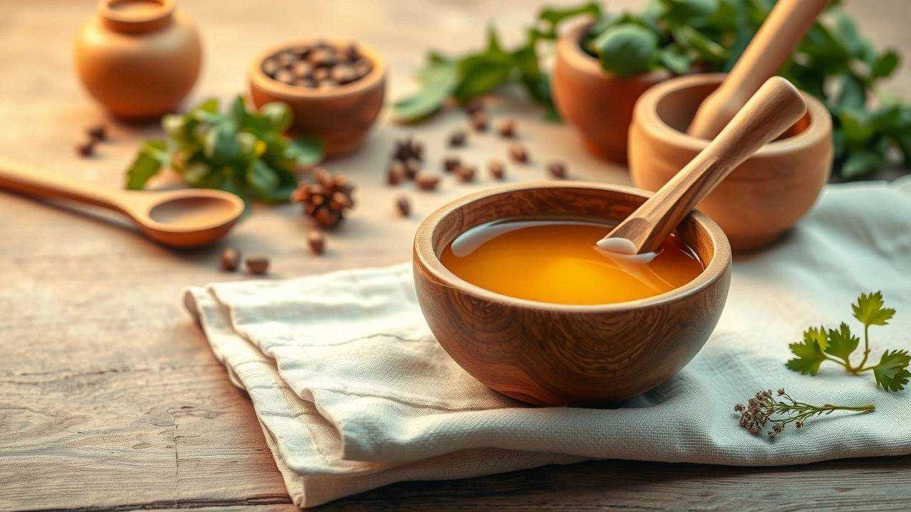 Une scène sereine illustrant l'huile de tirage et la santé reproductive dans une perspective ayurvédique.