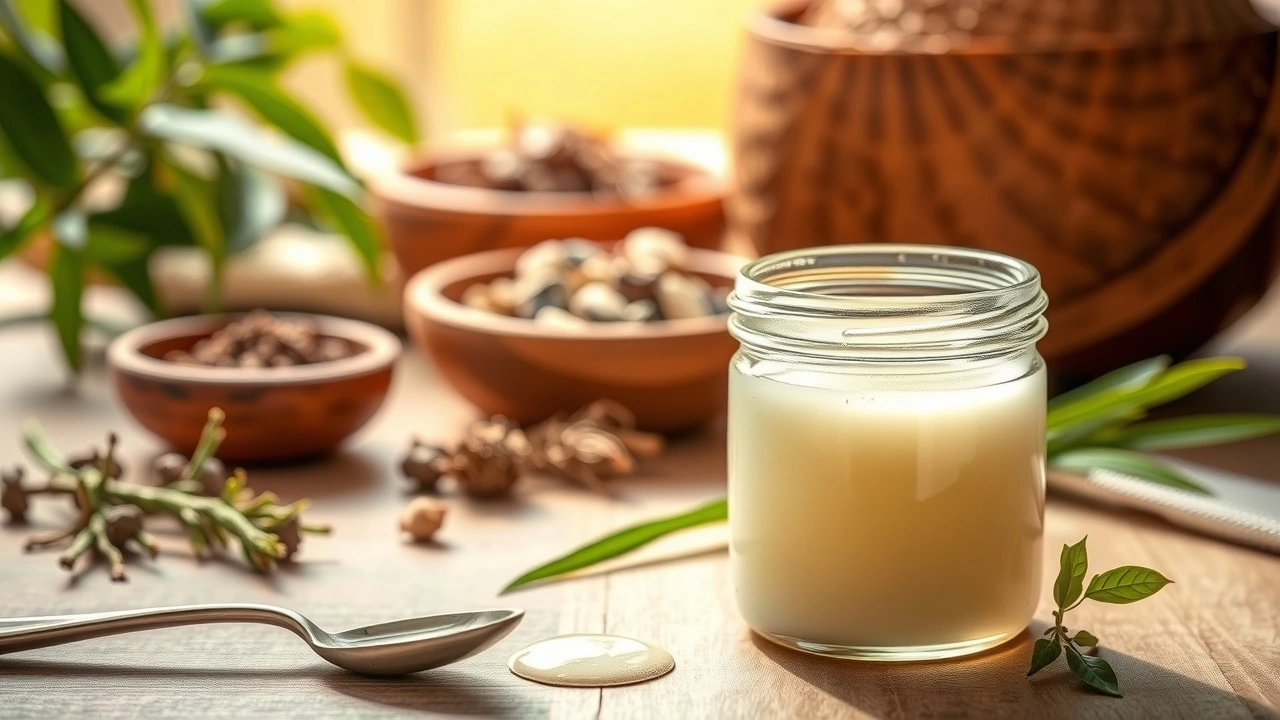 Une scène apaisante illustrant l'huile de tirage avec de l'huile de coco et des éléments ayurvédiques.