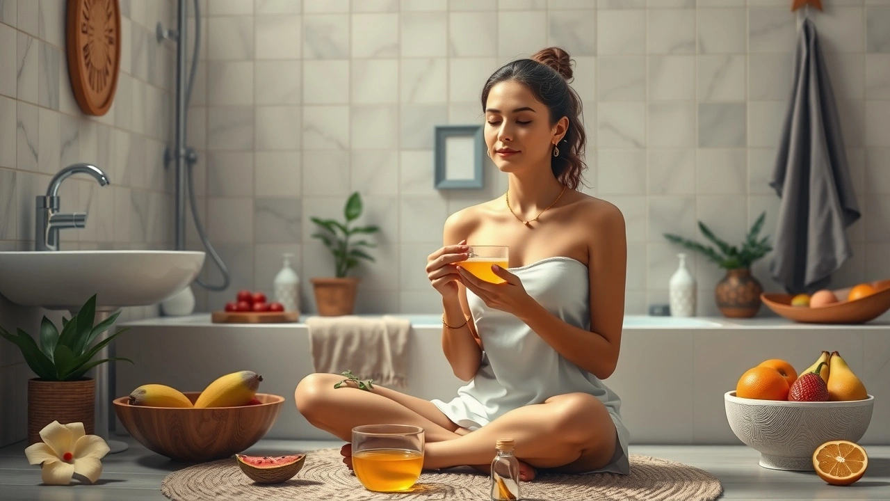 Illustration de l'huile de pulling comme pratique ayurvédique pour restaurer l'équilibre des nutriments dans le corps.