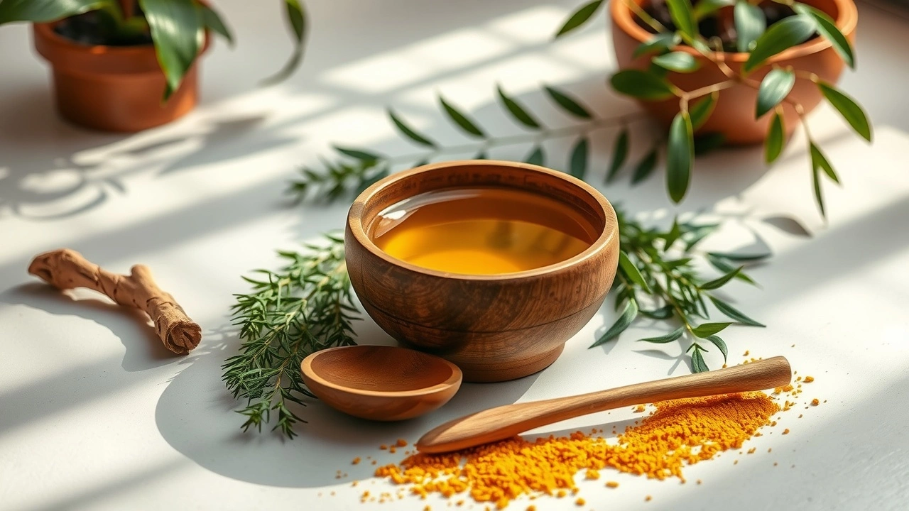 Un cadre serein illustrant la pratique du oil pulling en Ayurveda avec des ingrédients naturels.