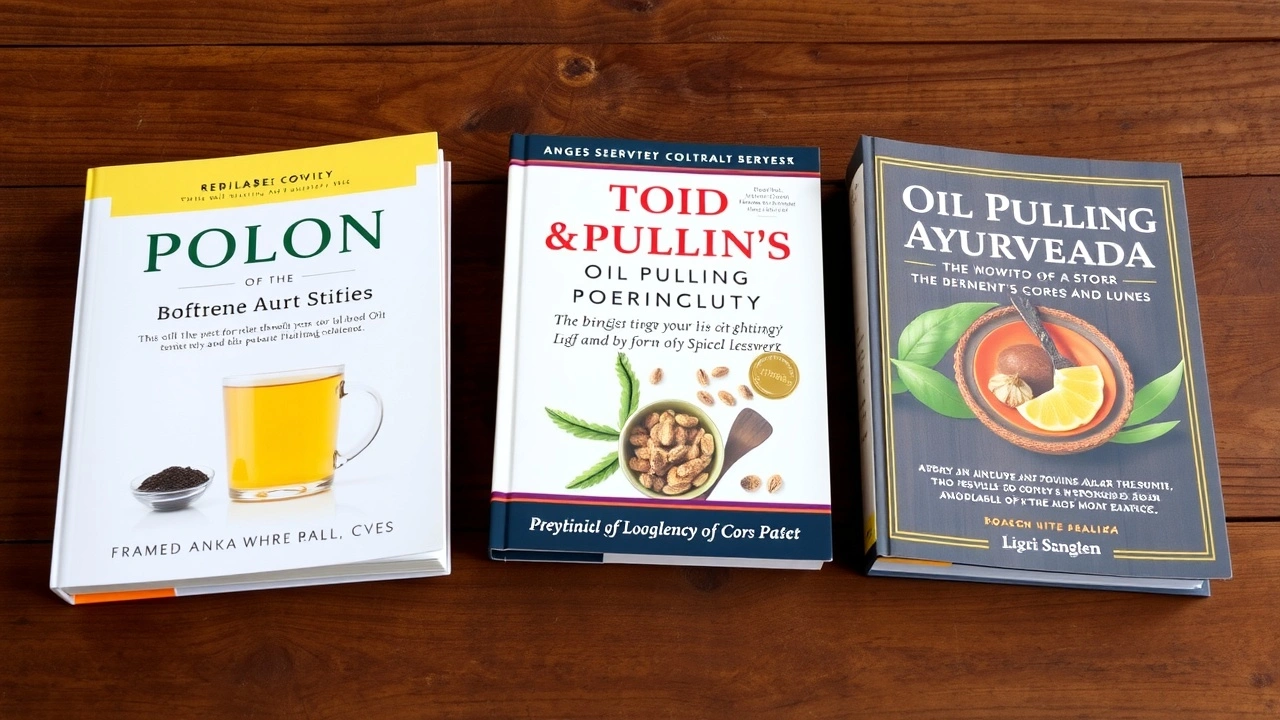 livres sur le pulling d'huile et l'ayurveda sur une table en bois