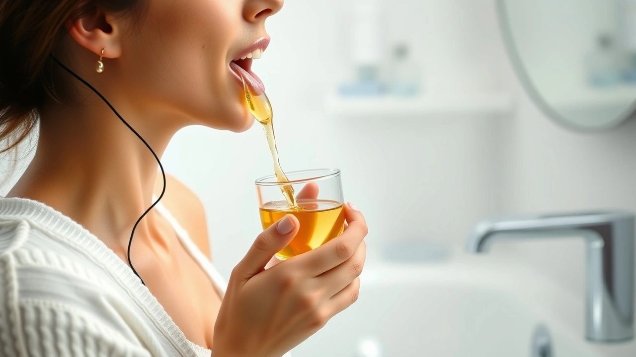 person faisant du oil pulling dans une salle de bain paisible