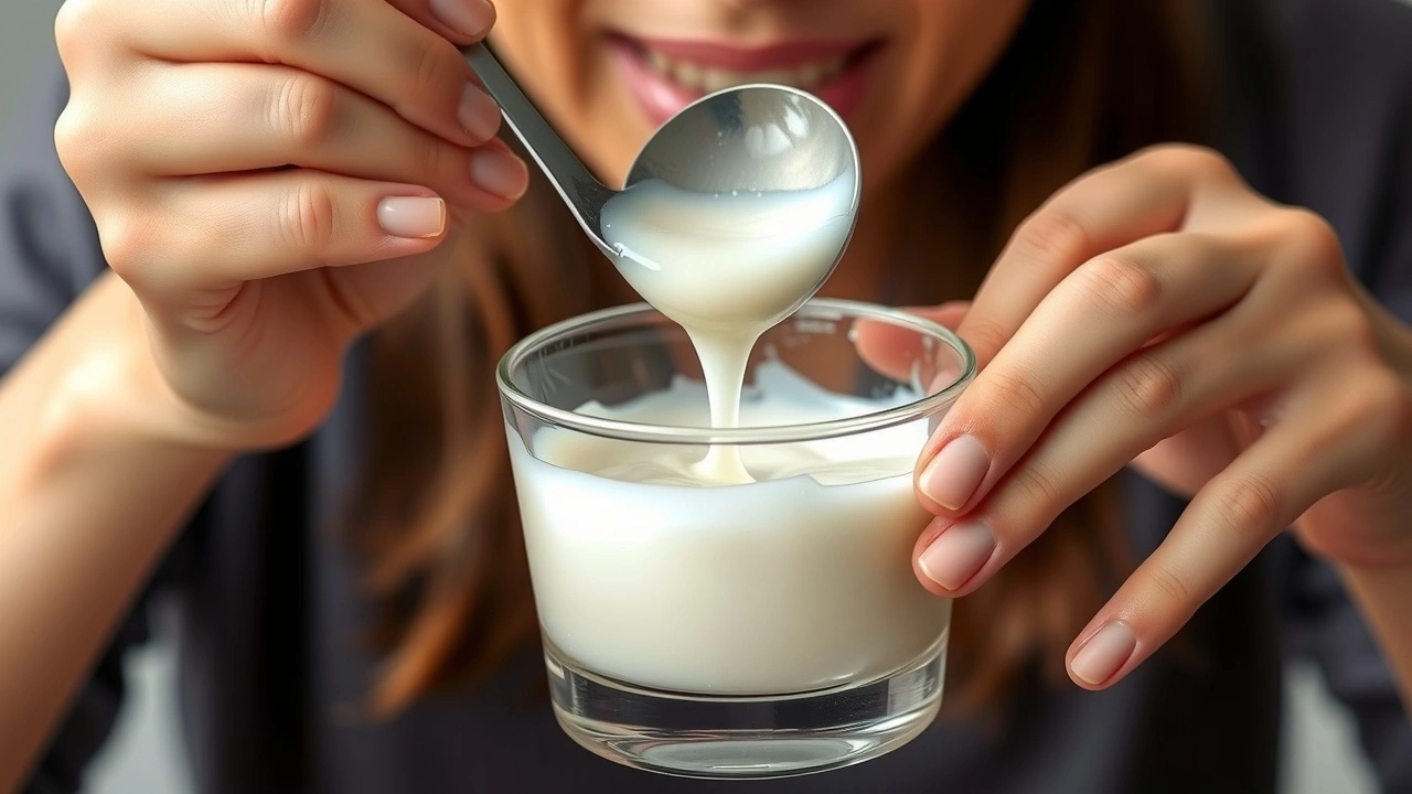 person faisant de l'huile pulling avec de l'huile de coco