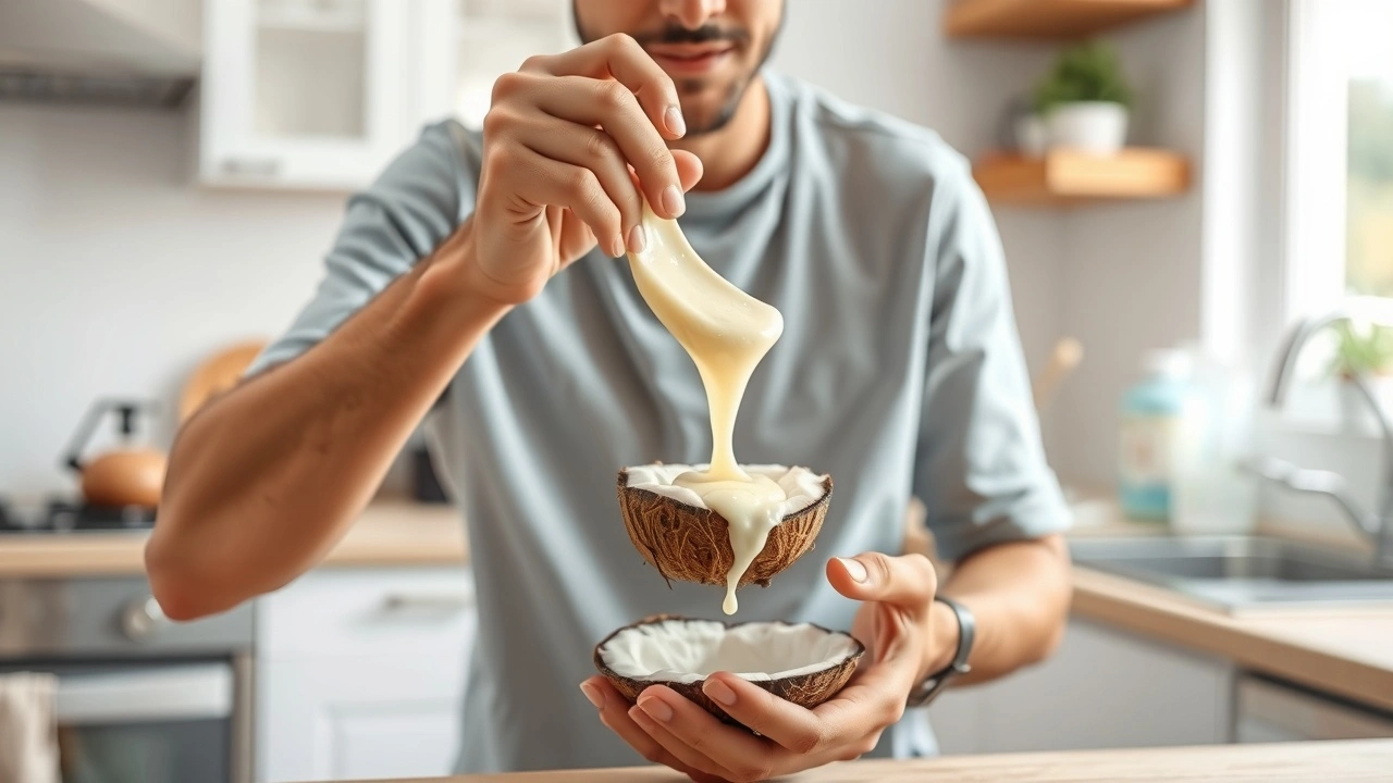 person faisant du oil pulling avec de l'huile de noix de coco