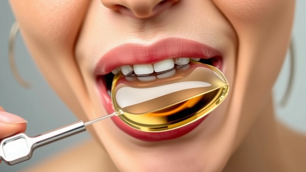 person faisant du oil pulling avec un liquide clair