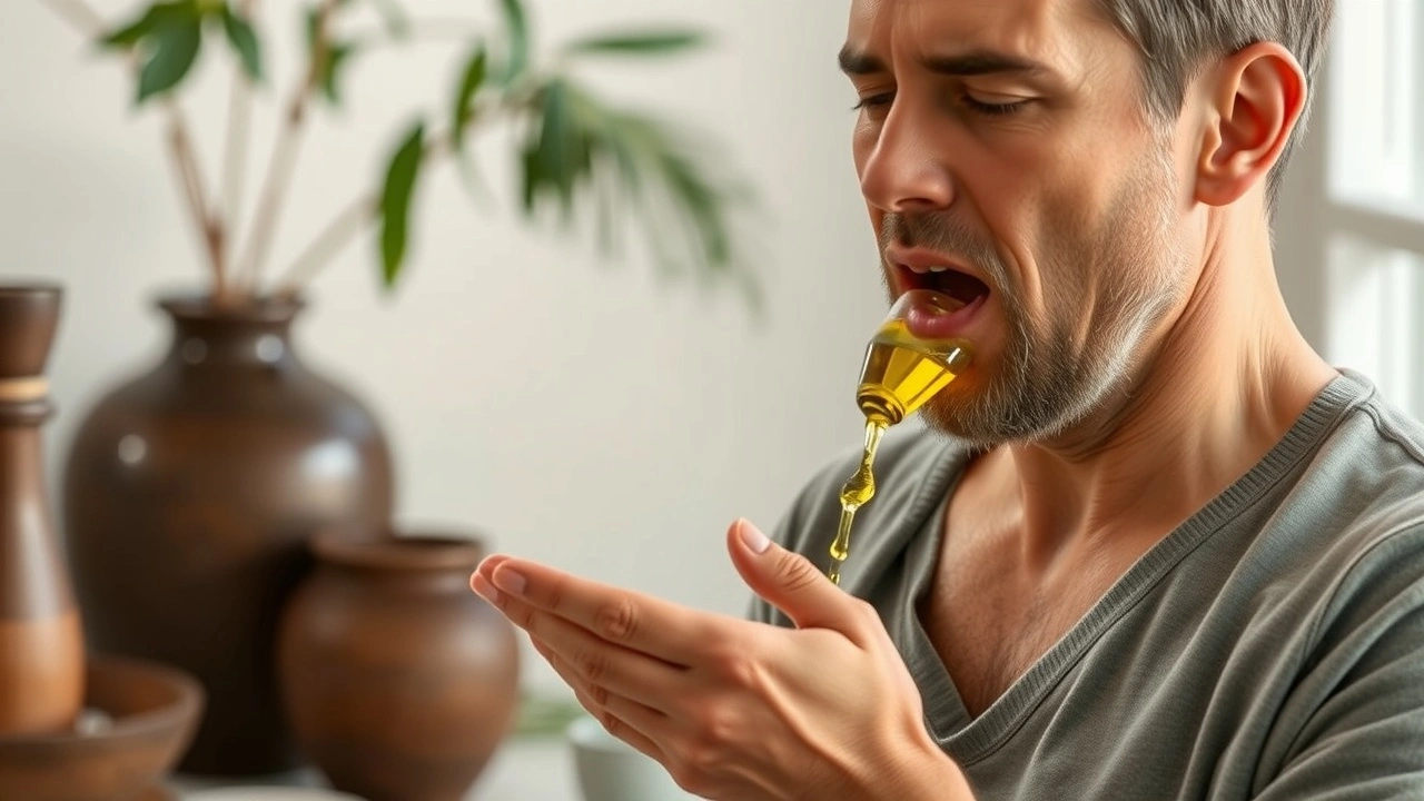 person pratiquant le oil pulling dans un environnement serein