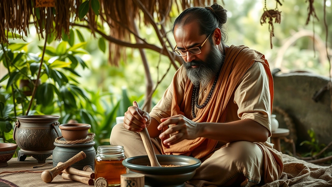 praticien ayurvédique préparant des huiles pour le bain de bouche