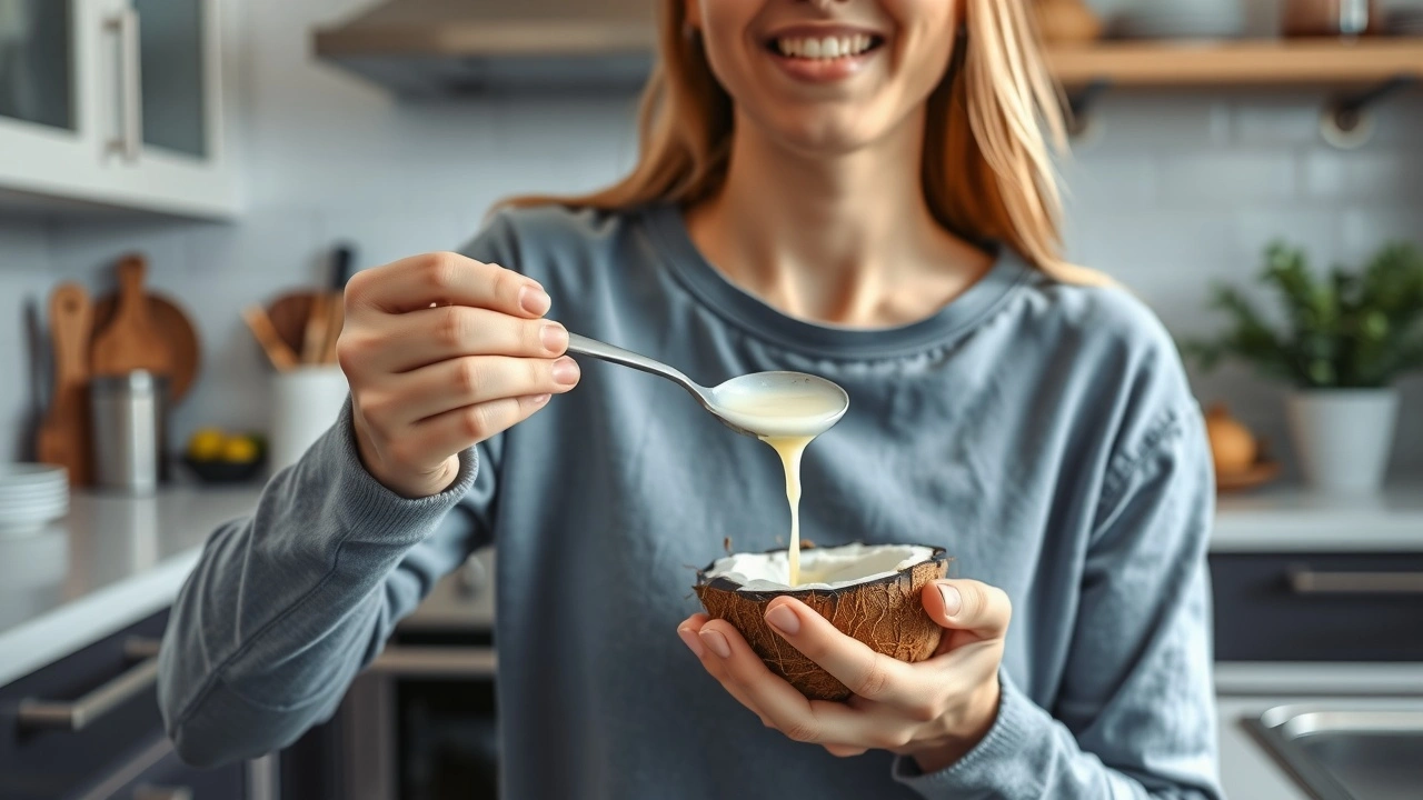 person tirant de l huile de coco dans une cuisine moderne