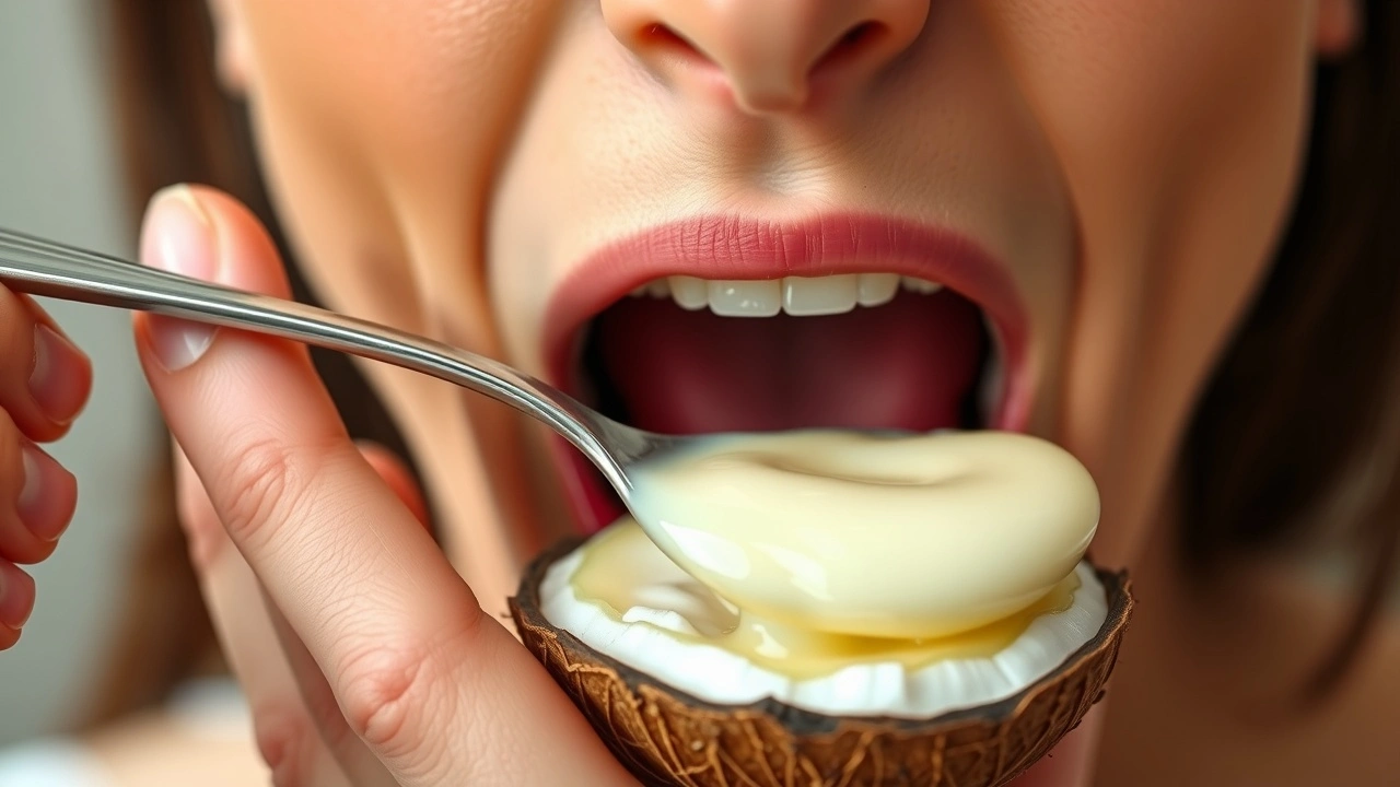 person pratiquant le oil pulling avec de lhuile de coco