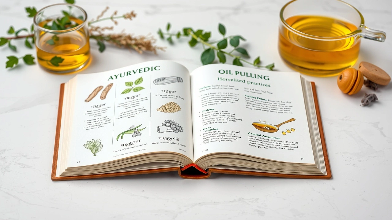 livre ouvert sur les pratiques ayurvédiques et tirage d'huile