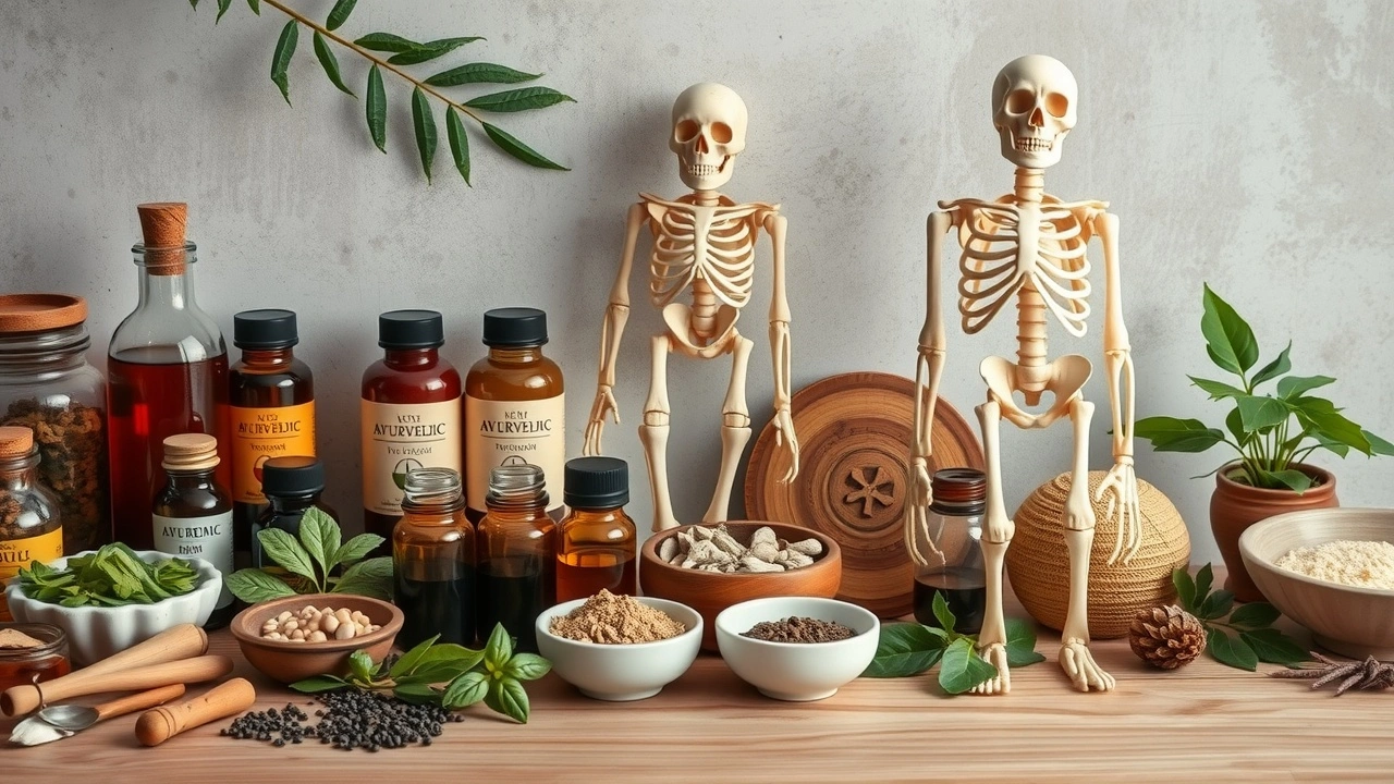 configuration ayurvedique avec herbes et squelette