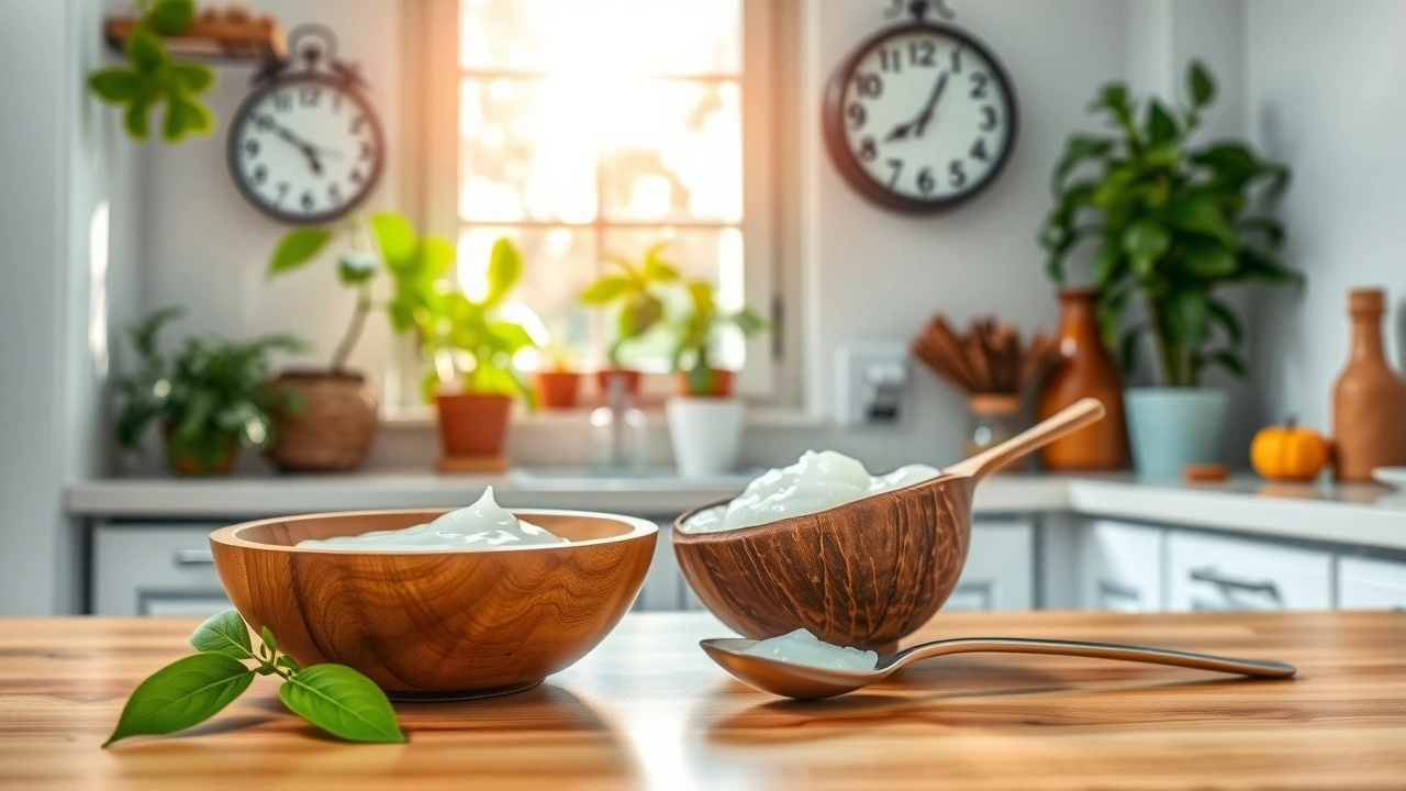 Scène de cuisine sereine avec un bol d'huile de noix de coco, plante intérieure et horloge.