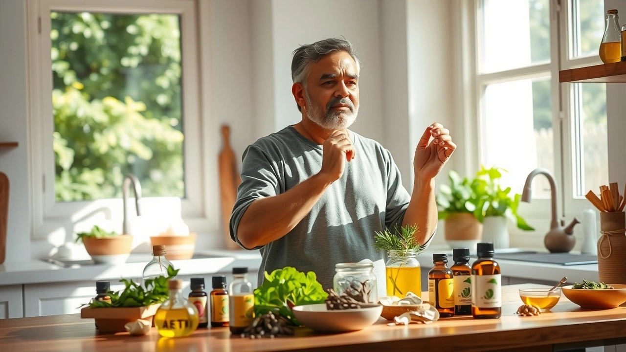 Une scène paisible illustrant une personne pratiquant le tirage d'huile pour améliorer sa santé selon l'Ayurveda.