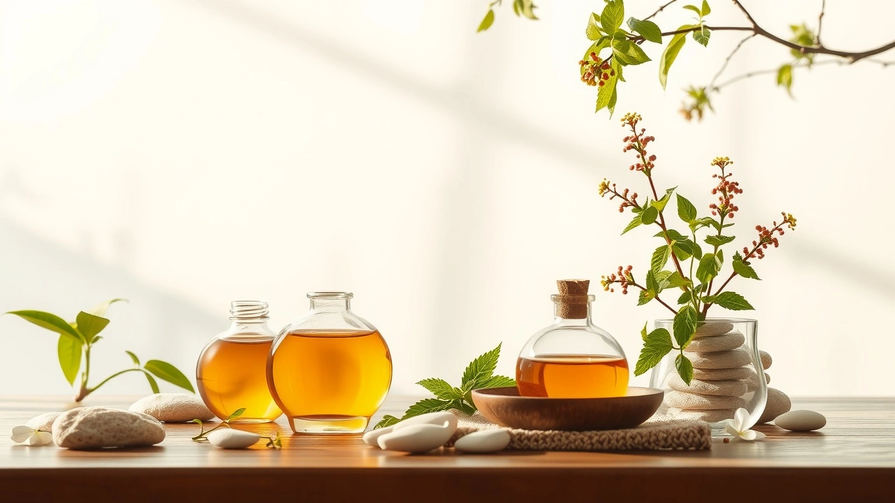 Une image représentant le tirage d'huile et la gestion des émotions à travers des pratiques ayurvédiques, évoquant l'équilibre intérieur et le bien-être.